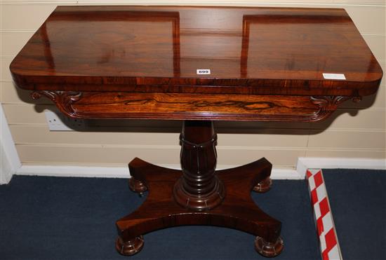 An early Victorian rosewood folding top card table, W.92cm